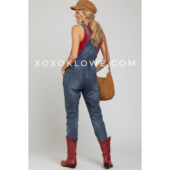 POL Retro 90’s Denim Overalls | Distressed Dark Wash Grunge - Picture 5 of 8